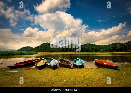 A fleet of small boats moored near Chandubi Lake, Kamrup, Assam, India Stock Photo