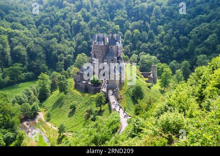 Aerial panoramic view of Eltz Castle and forest, Rhineland-Palatinate, Germany, May 2018. Stock Photo