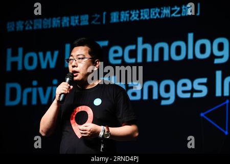 BERLIN, May 2, 2016 -- Zhang Peng, founder of GeekPark, speaks during the special session How is Technology Innovations Driving Changes in China of the 10th re:publica internet conference in Berlin, Germany, on May 2, 2016. Over 700 speakers from 60 countries and regions and some 8,000 participants would gather at the 10th re:publica internet conference, which annually takes place in Berlin. ) GERMANY-BERLIN-RE:PUBLICA-INTERNET CONFERENCE-CHINA ZhangxFan PUBLICATIONxNOTxINxCHN   Berlin May 2 2016 Zhang Peng Founder of  Speaks during The Special Session How IS Technology Innovations Driving Cha Stock Photo