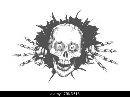 Monochrome Engraving Tattoo of Smiling Skull Looking Through a Hole isolated on white. Vector illustration Stock Vector