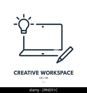 Creative Workspace Icon. Workplace, Laptop, Contemporary. Editable Stroke. Simple Vector Icon Stock Vector