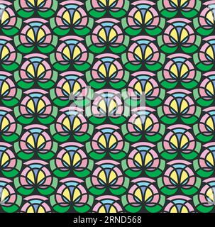 Floral kaleidoscope seamless pattern. Abstract stained glass effect style. Geometrical flower shape, colorful grid background. Vector Stock Vector