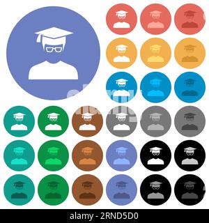 Graduate male avatar multi colored flat icons on round backgrounds. Included white, light and dark icon variations for hover and active status effects Stock Vector