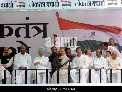 President of the Indian National Congress Party Sonia Gandhi (C, front) and former Indian Prime Minister Manmohan Singh (3rd L) join an assembly against ruling Bharatiya Janata Party (BJP) government in New Delhi, capital of India, May 6, 2016. Thousands of supporters of the opposition party participated in a Save Democracy Rally accusing the BJP government for false corruption charges against congress leaders, toppling elected state governments and muzzling opposition s voice. ) (cyc) INDIA-NEW DELHI-POLITICAL RALLY Stringer PUBLICATIONxNOTxINxCHN   President of The Indian National Congress P Stock Photo