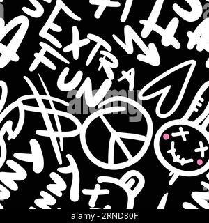 Graffiti Slogan Extra Fun, Funny Bunny Seamless Pattern in Black and White Colors. Urban typography print with Teddy Rabbit. Abstract graphic underground unisex design for t-shirts for teenagers. Stock Vector