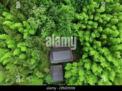 (160512) -- SANJIANG, May 12, 2016 -- This photo taken with unmanned aerial vehicle on May 7, 2016 shows wooden stilted buildings in the Anma Village in Yangxi Township of Sanjiang Dong Autonomous County, south China s Guangxi Zhuang Autonomous Region. Sanjiang Dong Autonomous County, located in the north of Guangxi, is renowned in the world for its large numbers of drum towers, wind and rain bridges and traditional buildings of Dong ethnic group. ) (zwx) CHINA-GUANGXI-SANJIANG-SCENERY (CN) HuangxXiaobang PUBLICATIONxNOTxINxCHN   Sanjiang May 12 2016 This Photo Taken With Unmanned Aerial Vehic Stock Photo