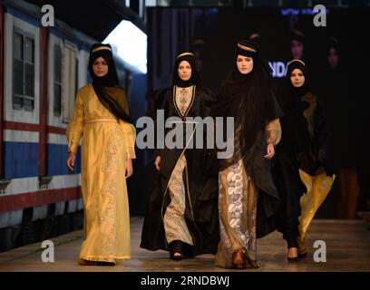 (160514) -- ISTANBUL, May 14, 2016 -- Models present creations designed by Sad Indah at Istanbul Modest Fashion Week in Istanbul, Turkey, on May 14, 2016. ) TURKEY-ISTANBUL-MODEST FASHION WEEK HexCanling PUBLICATIONxNOTxINxCHN   160514 Istanbul May 14 2016 Models Present Creations designed by Sad Indah AT Istanbul Modest Fashion Week in Istanbul Turkey ON May 14 2016 Turkey Istanbul Modest Fashion Week HexCanling PUBLICATIONxNOTxINxCHN Stock Photo