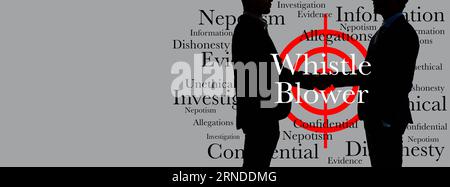 Whistleblower, banner with confidential information and handshake illustration with mockup. Word cloud, corruption and secret meeting poster with men Stock Photo