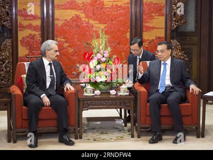 (160519) -- BEIJING, May 19, 2016 -- Chinese Premier Li Keqiang (R) meets with visiting Saudi Arabian Prince Alwaleed Bin Talal Bin Abdulaziz Alsaud, chairman of the Kingdom Holding Company, a leading investment holding company based in Riyadh, in Beijing, capital of China, May 19, 2016. )(wjq) CHINA-BEIJING-LI KEQIANG-SAUDI ARABIA-MEETING (CN) XiexHuanchi PUBLICATIONxNOTxINxCHN   160519 Beijing May 19 2016 Chinese Premier left Keqiang r Meets With Visiting Saudi Arabian Prince Alwaleed am Talal am Abdul Aziz  Chairman of The Kingdom Holding Company a Leading Investment Holding Company Based i Stock Photo