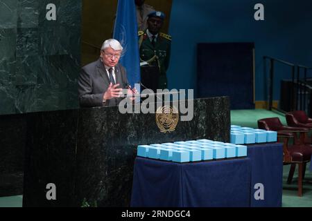 (160519) -- UNITED NATIONS, May 19, 2016 -- Herve Ladsous, UN under-secretary-general for Peacekeeping Operations, addresses a ceremony awarding the Dag Hammarskjold Medal posthumously to the peacekeepers who lost their lives last year, on the occasion of the International Day of United Nations Peacekeepers, at the United Nations headquarters in New York, United States, May 19, 2016. The United Nations on Thursday honored fallen UN peacekeepers who lost their lives while serving under the UN flag. ) UN-INTERNATIONAL DAY OF UN PEACEKEEPERS-COMMEMORATION LixMuzi PUBLICATIONxNOTxINxCHN   160519 U Stock Photo