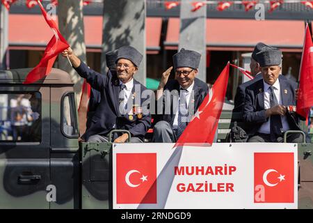 Ankara-Turkey: August 30, 2023:  Cyprus War veterans  saluting public during  parade of August 30 ceremony in the street in Ankara. English: War Veter Stock Photo