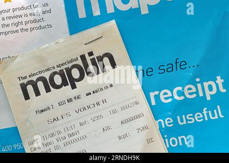 Losses on the high street. Popular stores like Maplin have disapeared. Receipt from 1916. February 2018 all stores ceased trading after administration Stock Photo