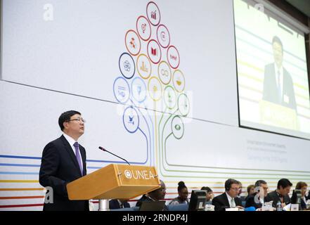 (160526) -- NAIROBI, May 26, 2016 -- Chinese Minister of Environmental Protection Chen Jining speaks at the high level segment of the second edition of United Nations Environment Assembly (UNEA2) , in Nairobi, Kenya, on May 26, 2016. The second edition of United Nations Environment Assembly (UNEA2) entered the homestretch on Thursday with dignitaries renewing the call for concerted efforts to hasten low carbon and inclusive economic growth. An estimated 2,500 delegates from 170 UN member states who include ministers, policymakers, industry executives and campaigners are attending the global en Stock Photo