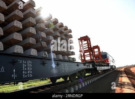 A locomotive is seen at a construction site of the Standard Gauge Railway (SGR) project near Sultan Halmud, Kenya, May 28, 2016. Kenyan President Uhuru Kenyatta said Saturday China-funded high speed railway which runs from the coastal city of Mombasa to Nairobi will be completed ahead of the schedule. ) KENYA-SULTAN HALMUD-SGR-CHINA-FUNDED-RAILWAY PROJECT LixBaishun PUBLICATIONxNOTxINxCHN   a Locomotive IS Lakes AT a Construction Site of The Standard Gauge Railway SGR Project Near Sultan  Kenya May 28 2016 Kenyan President Uhuru Kenyatta Said Saturday China Funded High Speed Railway Which runs Stock Photo