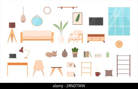 Interior set of living room furniture and accessories. House elements including home office and relax zone with sofa, armchair, tv and a cat. Stock Vector