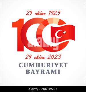 100 years of Republic Day of Turkey October 29. Creative number 100. Turkish state flag. 100th anniversary 1923-2023 banner. Red design. Social media Stock Vector