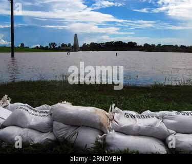 (160604) -- HOUSTON, June 3, 2016 -- Sand bags are piled up to prevent flood by Sugar Land municipal department in Houston, the U.S., on June 3, 2016. Severe storms have pummeled Texas, with widespread flooding reported across the state. Governor of Texas Greg Abbott declared a state of disaster across 31 counties. About half of the state is under flood watches or warnings, including Fort Bend County, southwest of Houston, where about 1,400 homes have been affected by the overfull of the Brazos River after heavy rainfall since last week. The national weather service has warned that heavy storm Stock Photo