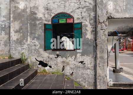 Thailand, Phang Nga March 2, 2023. Street art on the walls of the old center of Takua Pa. fresco where the Dog looks out the window, and the cat hunts Stock Photo