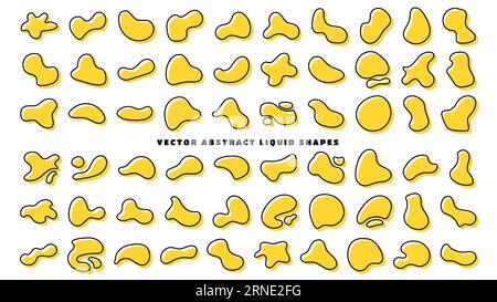 Outline blob shapes, fluid or liquid round abstract elements. Black and yellow simple blotch water forms. Flat vector illustration. Big set shapes. Stock Vector
