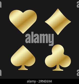 Set collection golden gambling sign symbol of playing card suits and chips for poker and casino. Hearts, clubs, diamonds and spades on black backgroun Stock Vector