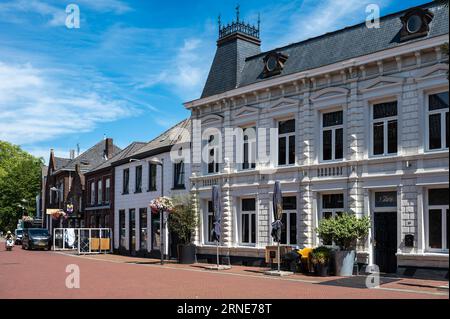 Weert, Limburg, The Netherlands, July 14, 2023 - Traditional white facade of a restaurant at the old market square Stock Photo