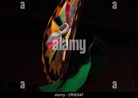 (160614) -- CAIRO, June 13, 2016 -- An Egyptian dancer performs the Tanoura, an Egyptian version of Sufi Dance, at a night show during the holy fasting month of Ramadan, at Al Ghouri Palace in Cairo, Egypt, June 13, 2016. ) EGYPT-CAIRO-RAMADAN-SUFI DANCE MengxTao PUBLICATIONxNOTxINxCHN   160614 Cairo June 13 2016 to Egyptian Dancer performs The Tanoura to Egyptian Version of Sufi Dance AT a Night Show during The Holy fasting Month of Ramadan AT Al Ghouri Palace in Cairo Egypt June 13 2016 Egypt Cairo Ramadan Sufi Dance MengxTao PUBLICATIONxNOTxINxCHN Stock Photo