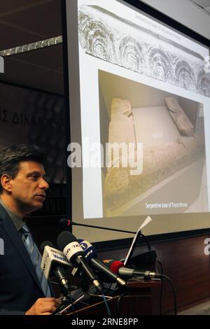 (160614) -- ATHENS, June 14, 2016 -- Greek professor of Archaeology Christofilis Maggidis presents his team s findings during a press conference in Athens, June 14, 2016. Professor Maggidis announced the discovery of the throne of mythical king Agamemnon during excavations at Mycenae in southern Greece.) GREECE-ATHENS-CULTURE MariosxLolos PUBLICATIONxNOTxINxCHN   160614 Athens June 14 2016 Greek Professor of Archaeology Christofilis  Presents His Team S findings during a Press Conference in Athens June 14 2016 Professor  announced The Discovery of The Throne of mythical King Agamemnon during e Stock Photo