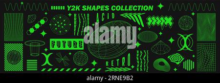 Abstract geometry wireframe shapes and patterns, cyberpunk elements, signs and perspective grids. Surreal geometric retro signs. Rave psychedelic futu Stock Vector