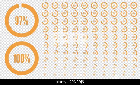 Percentage circle diagrams from 0 to 100. Orange signs. Big percent collection for user interface UI or business infographic. Set of icon for infograp Stock Vector