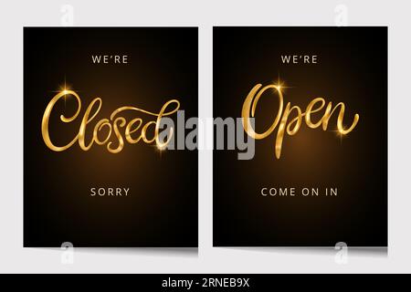 Open Closed Shop Sign. Shiny sparkle 3d vector gold golden lettering calligraphy card art Stock Vector