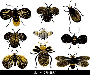 Cute doodle bugs and moth vector black and gold illustration. Cartoon kids summer collection childish characters insect set Stock Vector