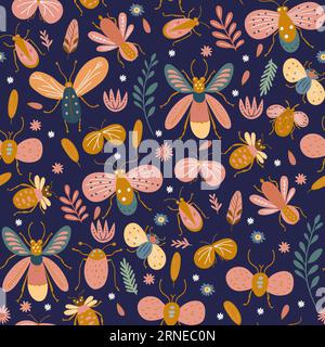 Cute doodle bugs and moth vector illustration cartoon kids summer insect seamless pattern art Stock Vector