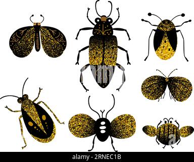 Cute doodle bugs and moth vector black and gold illustration. Cartoon kids summer collection childish characters insect set Stock Vector