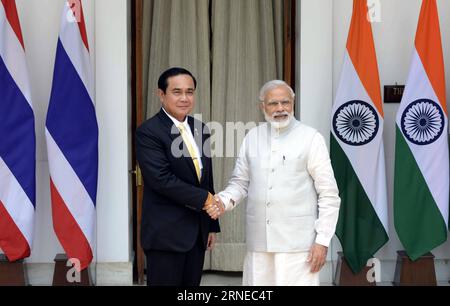 (160617) -- NEW DELHI, June 17, 2016 -- Indian Prime Minister Narendra Modi (R) shakes hands with his Thai counterpart Prayut Chan-o-Cha before their meeting at Hyderabad House in New Delhi, capital of India, on June 17, 2016. India and Thailand Friday agreed to build partnership in defense, maritime security and combating terrorism, said officials. ) INDIA-NEW DELHI-THAILAND-MEETING Stringer PUBLICATIONxNOTxINxCHN   160617 New Delhi June 17 2016 Indian Prime Ministers Narendra Modes r Shakes Hands With His Thai Part Prayut Chan O Cha Before their Meeting AT Hyderabad House in New Delhi Capita Stock Photo