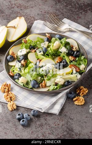 Delicious salad with blueberries, lettuce, gorgonzola cheese, walnuts and pear close-up in a plate on the table. Vertical Stock Photo