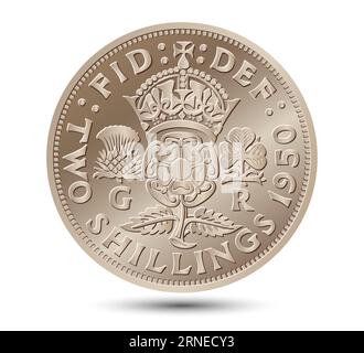 Vector British money gold coin Two shillings, King George VI florin with crowned rose, thistle and shamrock, Rosa Tudor - emblem of England. Vector. Stock Vector