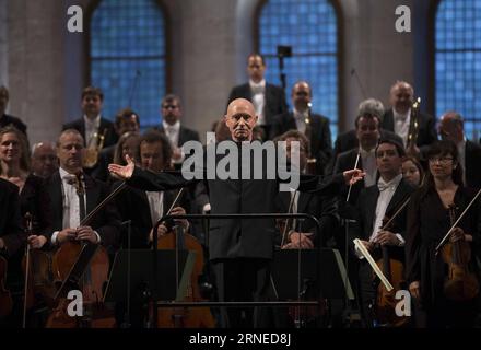 FRANKFURT, June 18, 2016 -- The hr-Sinfonieorchester, the radio orchestra of Hessischer Rundfunk conducted by Christoph Eschenbach Front, takes curtain call after the performance at the opening concert during Rheingau Music Festival at the Eberbach Abbey, Eltville, Germany, on June 18, 2016. The 29th Rheingau Music Festival is held from June 18 to August 27.  GERMANY-RHEINGAU MUSIC FESTIVAL-CONCERT LuoxHuanhuan PUBLICATIONxNOTxINxCHN Stock Photo