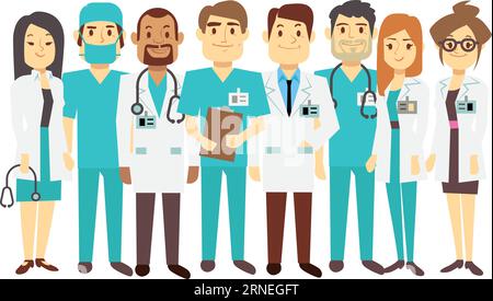 Medical staff standing together. Cartoon doctors nad nurses Stock Vector