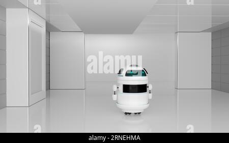 Small cyborg robot standing in white room, 3d illustration rendering Stock Photo