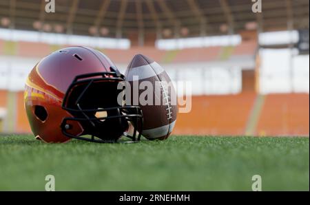 american football in football field, 3d illustration rendering Stock Photo