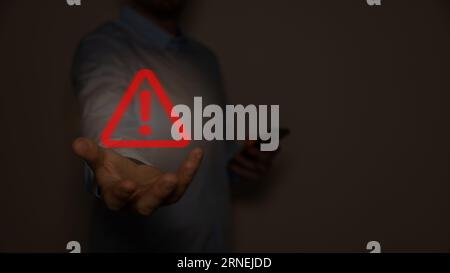 Hacking Concept. Attention warning attacker alert sign with exclamation mark on dark red background.Security protection Concept. vector illustration. Stock Photo