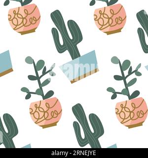cute seamless pattern with succulents in a pots Stock Vector