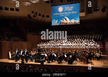 (160628) -- CANBERRA, June 27, 2016 -- Wei Song (2nd L, front), Mo Hualun (3rd L, front) and Dai Yuqiang (1st L, front), China s Three Tenors, sing during a charity concert in the Sydney Opera House in Sydney, Australia, June 27, 2016. ) AUSTRALIA-SYDNEY-TENOR CONCERT JustinxQian PUBLICATIONxNOTxINxCHN   160628 Canberra June 27 2016 Wei Song 2nd l Front Mo Hualun 3rd l Front and Dai Yuqiang 1st l Front China S Three Tenors Sing during a Charity Concert in The Sydney Opera House in Sydney Australia June 27 2016 Australia Sydney Tenor Concert JustinxQian PUBLICATIONxNOTxINxCHN Stock Photo