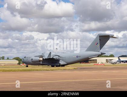 A Boeing C-17A Globemaster III transport aircraft of 99 Squadron RAF prepares to leave the 2023 Royal International Air Tattoo Stock Photo