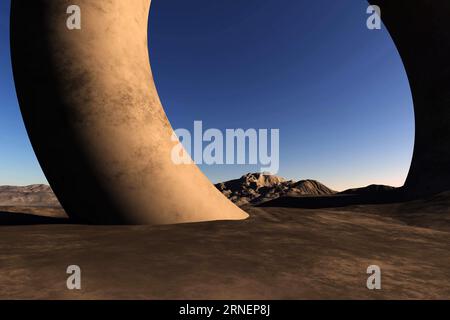 Surrealistic mountain background 3D illutstration with a huge stone torus buried in sands Stock Photo