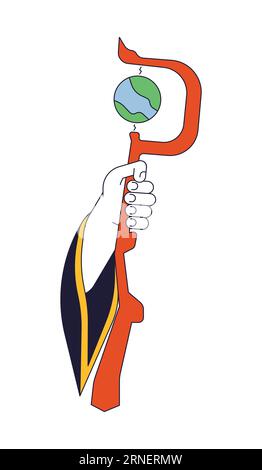 Holding wizard staff flat line concept vector spot illustration Stock Vector