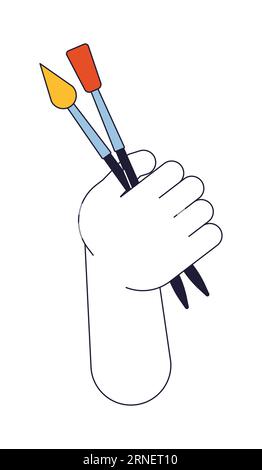 Painting brush in hand flat line concept vector spot illustration Stock Vector
