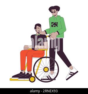 Caring of disabled person flat line concept vector spot illustration Stock Vector