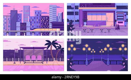 Dusk city life lo fi aesthetic wallpapers set Stock Vector