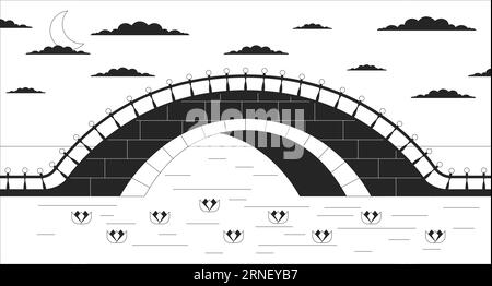 Twilight bridge across river black and white lo fi aesthetic wallpaper Stock Vector